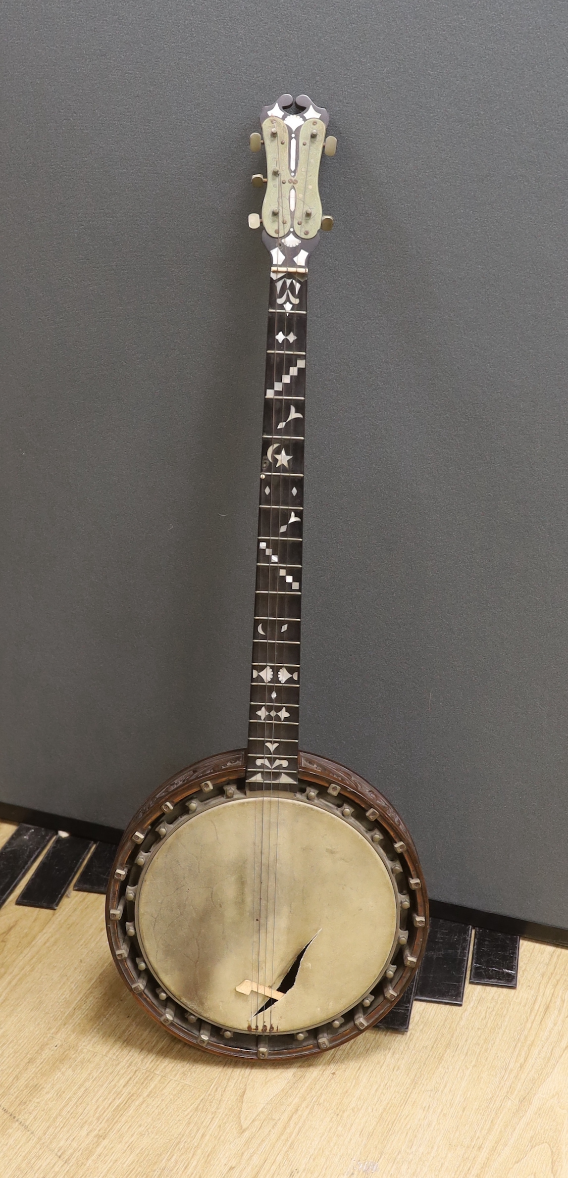 Lyceum Theatre interest - a Windsor Premier Zither banjo, with carved and inlaid detail, 90cm overall, in case, accompanied by vendor’s statement explaining her family link with the Melville brothers, owners of The Lyceu